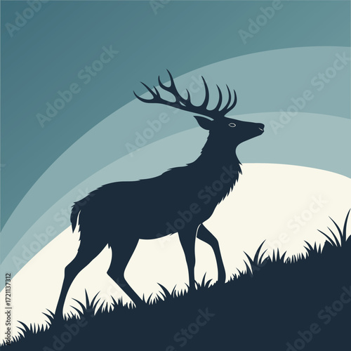 Silhouette of a majestic stag standing on a grassy hill at dusk