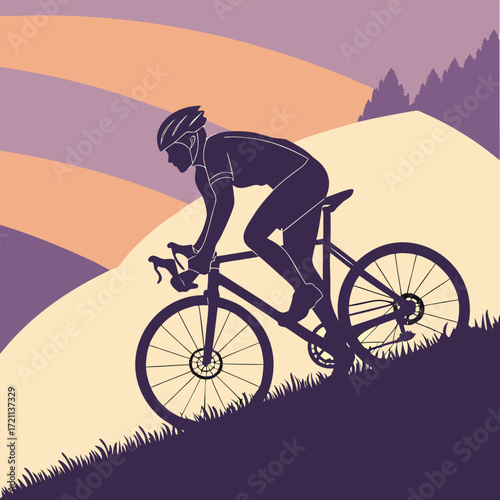 Silhouette of a cyclist riding a road bike uphill at sunset