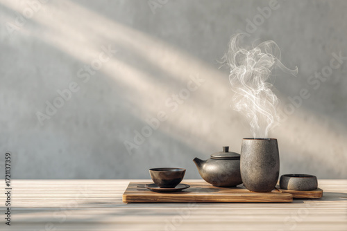 Modern Chinese tea ceremony setup with minimalist design features steaming cup, teapot, and cups on wooden tray, creating serene atmosphere