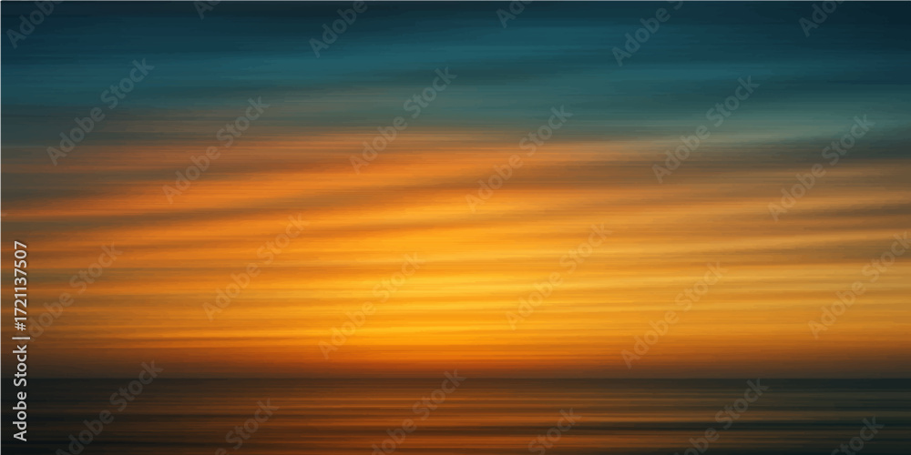 Obraz premium Evening orange sun sets on the horizon over the ocean waves with yellow clouds in the sky
