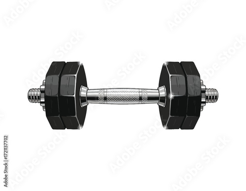 Adjustable dumbbell with black weights and chrome handle, isolated on white. Essential for strength training, fitness, and home workouts