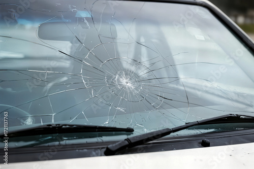 a broken windshield of a car due to burglary vandalism theft dangerous careless unsafe drunk impaired driving dui car crash fatal injury insurance claim concept car owner will incur losses