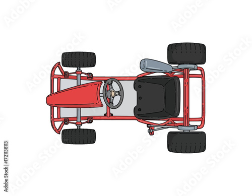 Top-down vector illustration showcasing a vibrant red go-kart, highlighting its sleek design and essential components for a thrilling racing or recreational experience