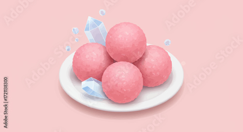Delicate Pink Mochi Balls with Crystal Accents on a White Plate - A Sweet and Refreshing Treat