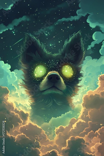 Mystical dog head with glowing green eyes emerging from clouds in starry night sky. Poster illustration in fantasy style.