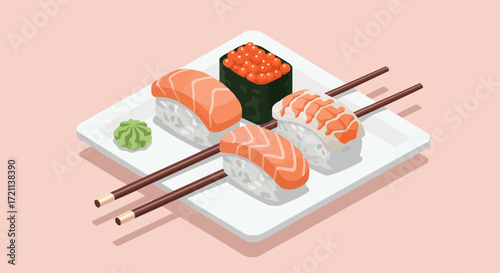 A fresh selection of Japanese sushi, including salmon nigiri and gunkan maki, presented on a plate with wasabi. Isometric vector art