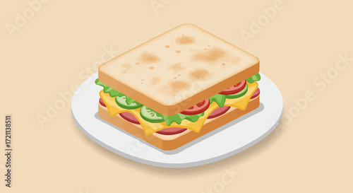 Appetizing isometric illustration of a fresh and delicious layered sandwich on a white plate, perfect for food-related projects, menus, or healthy eating concepts