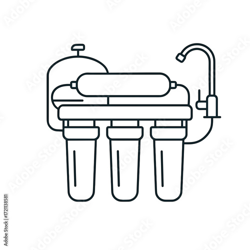 Reverse osmosis system illustration in black and white line style