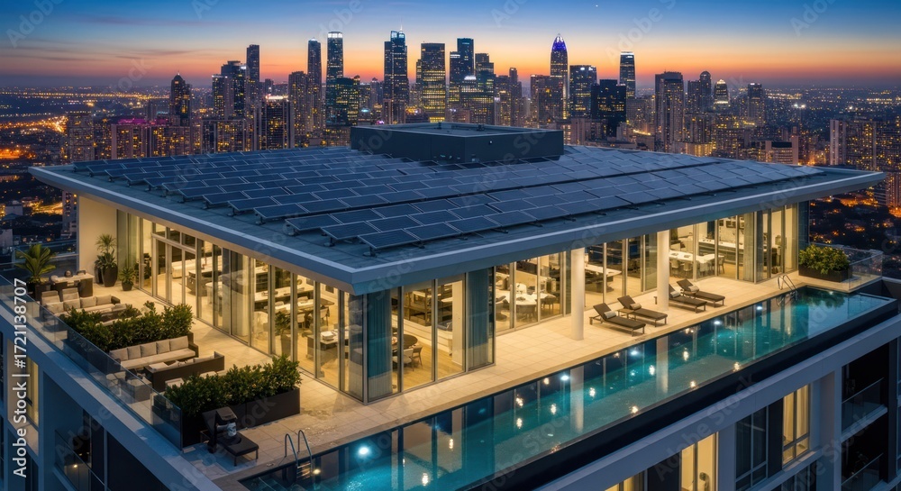 Obraz premium Luxury rooftop pool with cityscape view at dusk, urban oasis