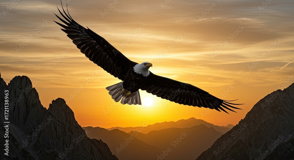 Naklejka premium Bald Eagle Flying Over Rocky Mountains at Golden Sunset