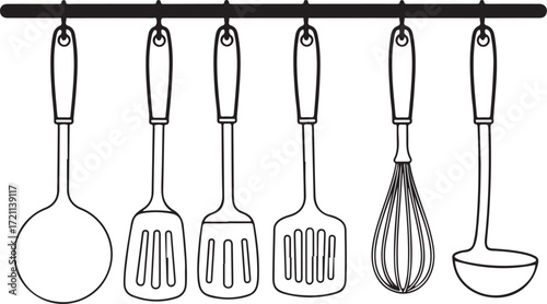 Illustration of collection of kitchen utensils isolated on white background