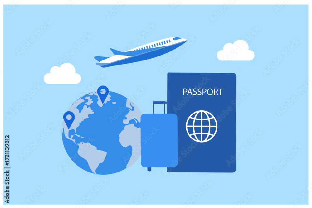 Naklejka premium Go travel concept, business trip, travel globe and travel and online travel booking worldwide luggage vector illustration