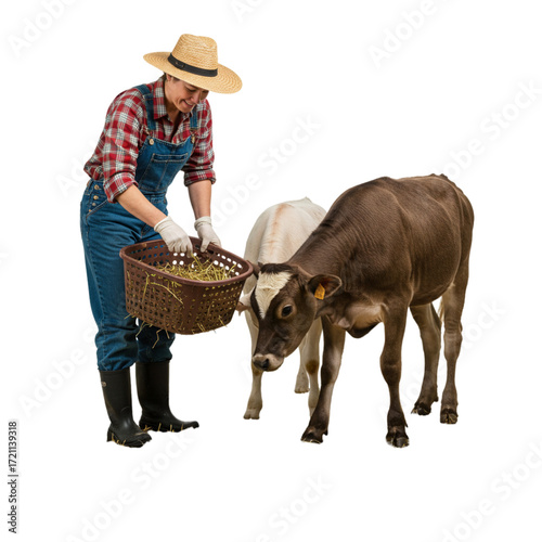 Woman farmer feeding young calves from hay basket. Professional farmer at work.
