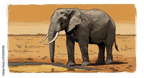 African Elephant Drinking at Watering Hole in Dry Landscape Art Illustration