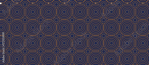 Dark indigo background with golden-orange concentric circle and hexagon geometric repeating pattern, intricate decorative abstract design