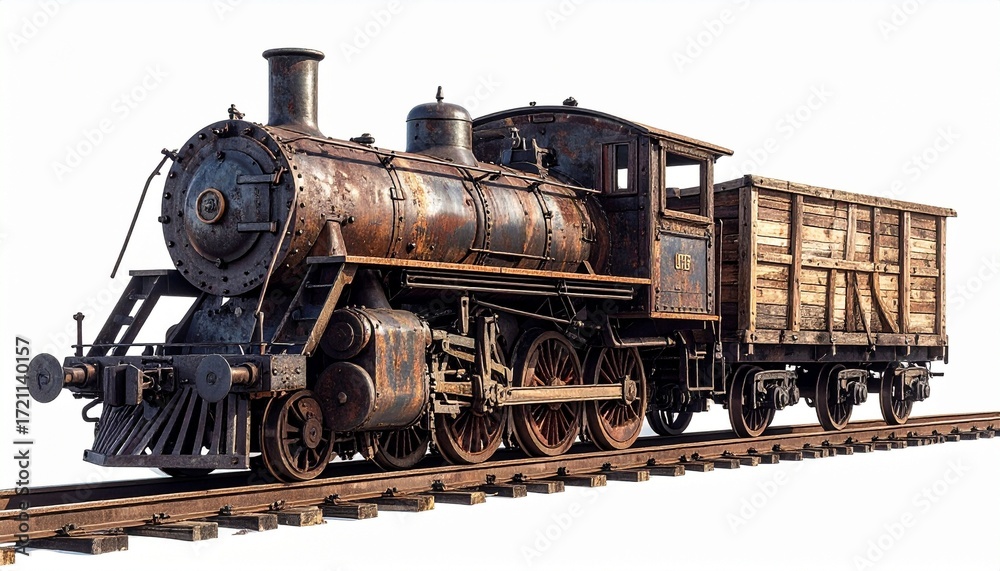Fototapeta premium Linked vintage wooden train cars with weathered textures white background—evoking quiet dignity, craftsmanship, and echoes of early rail travel.