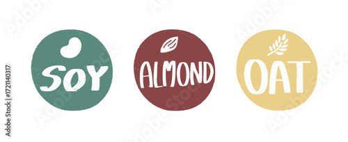 Plant-Based Milk Icons – Soy, Almond, Oat