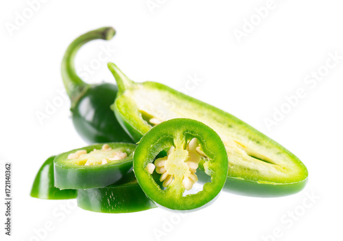 Fresh jalapeno pepper isolated on white background. Slices of green hot serrano pepper. Clipping path.