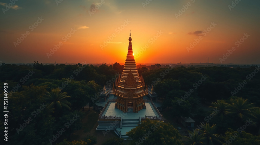 Naklejka premium Breathtaking aerial view of a golden pagoda at sunset, with the last rays of sun casting a warm glow over the spire and a lush forest below.