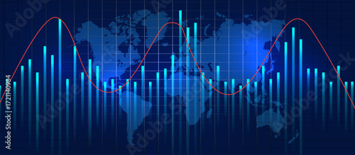 Global data visualization with red sinusoidal trendline, teal vertical bars, and subtle world map overlay on dark navy background showing international economic fluctuations