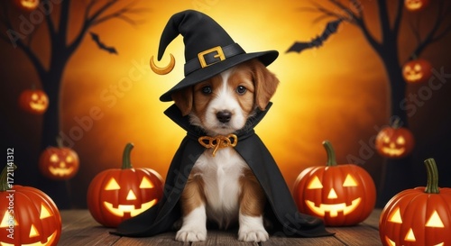 Cute Puppy in Witch Hat and Cloak Surrounded by Jack-o'-Lanterns on Halloween