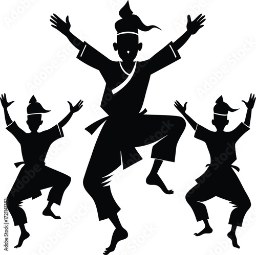 Silhouetted Dancers in Traditional Attire, Arms Raised, Performing