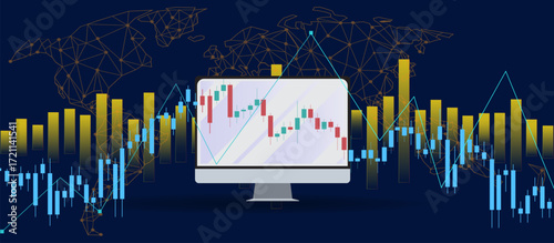 Computer monitor with candlestick chart, red and green stock data, vertical bars in yellow and blue, global financial market network on dark blue background