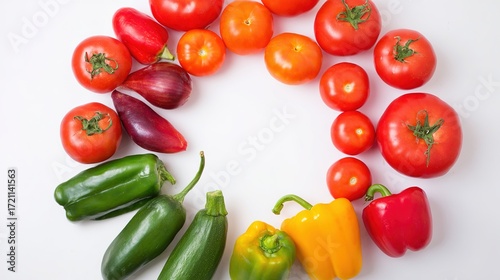 Wallpaper Mural focal. Colorful summer vegetables arranged in a circular pattern, showcasing fresh and vibrant produce. menu design, packaging mockups, designed for food delivery and cloud-kitchen brand materials. Torontodigital.ca