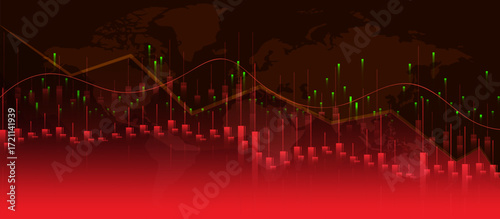 Global financial market analysis with red and green vertical bars, downward trend curves, and dark brown world map background