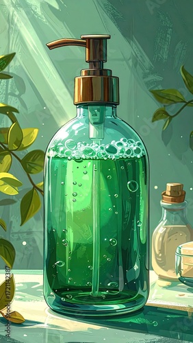 Green Glass Soap Dispenser with Bubbles and Botanicals