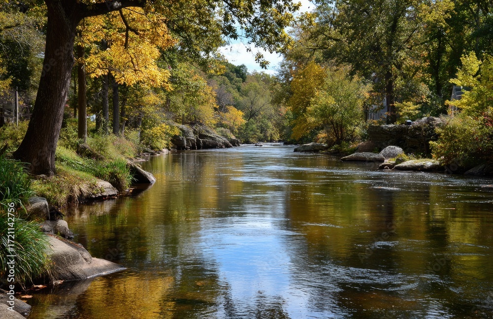 Fototapeta Autumnal riverbanks, calm water, fall foliage