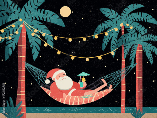 Santa Claus relaxing at night in a hammock between palm trees, holding a cocktail under the moon, with stars and festive lights creating a tropical holiday mood.