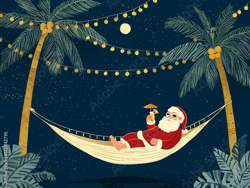 Santa Claus relaxing at night in a hammock between palm trees, holding a cocktail under the moon, with stars and festive lights creating a tropical holiday mood.