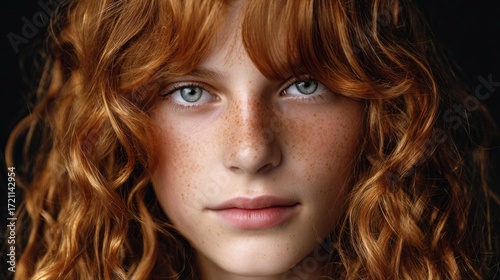 A woman with red hair and green eyes
