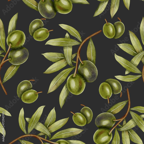 Hand-painted watercolor seamless pattern with green and black olive branches and leaves. Olive branches, leaves and fruits. For menu, packaging design, wedding