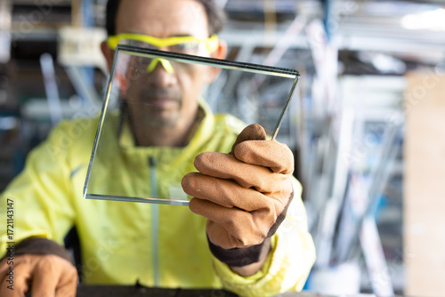 Photos A glazier stands wearing gloves holding thick glass in a glass factory