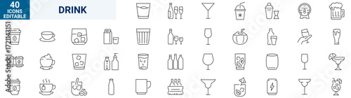 Drinks web icons in line style. Coffee, tea, soda, beer, alcohol, coctail, energy, wine, collection. Vector illustration