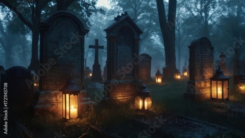 A misty graveyard at twilight, lit by lanterns