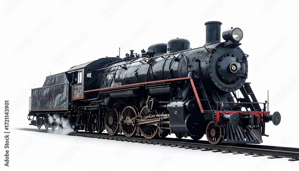 Fototapeta premium Vintage steam locomotive—mechanical grandeur and timeless motion on iron rails white background