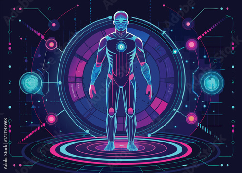 Futuristic holographic human body scan with glowing neon lines and scientific data visualization