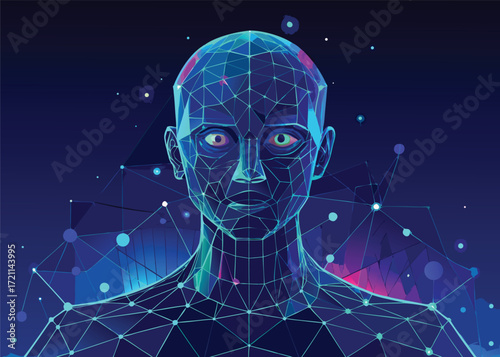 Futuristic digital human head wireframe with glowing particles and abstract technological elements