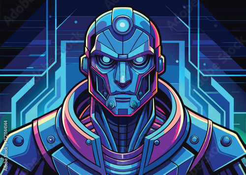 Futuristic ai robot face with glowing neon holographic projection in vibrant colors