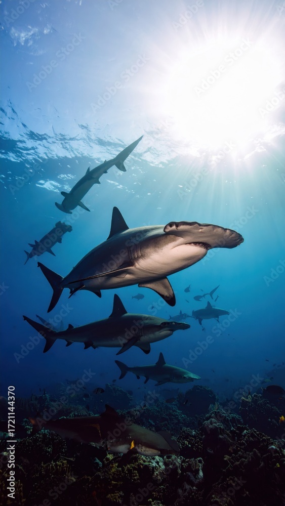 Fototapeta premium Majestic Hammerhead Sharks Swimming in Vibrant Ocean Waters