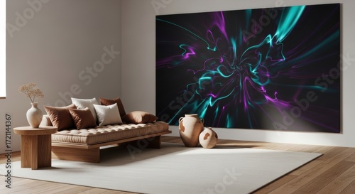 Cozy minimalist living room interior mockup with large horizontal canvas displaying abstract neon light art on wall