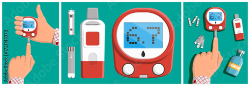 Diabetes blood sugar test man hand. Glucometer medical device for glucose measurement. Flat style vector set collection illustration.