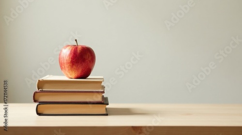 A red apple rests atop a stack of three books on a light wooden surface against a neutral background