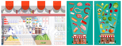 Supermarket facade with groceries inside and separate meat, fruits, vegetable shops. Flat style stock vector set collection illustration.