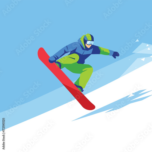 Snowboarder in Mid-Air: An athlete soars through the air, demonstrating grace and skill on their snowboard against a clear, blue backdrop.