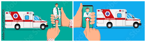 Man using smartphone for online medical consultation. Doctor on mobile app screen. Telemedicine and healthcare service with ambulance car.