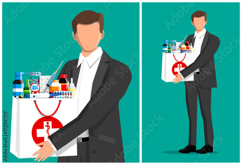 Man holding shopping bag with medicine. Concept of pharmacy, drug store, diagnostic, and medical care. Healthcare item sale.